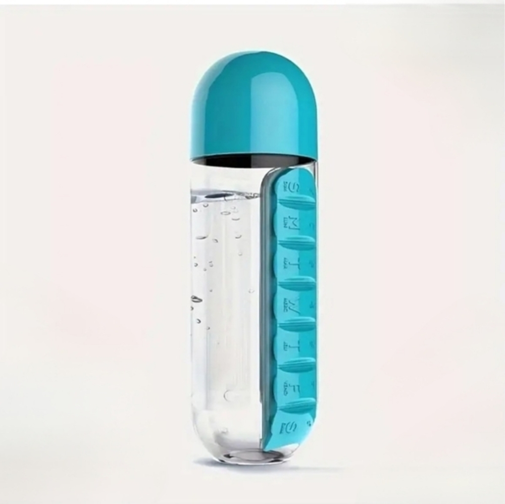 Portable Plastic Sports Water Bottle with Daily Medication Pill Organizer Blue‎